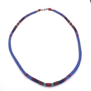 Vintage Seed Bead Necklace Blue Red Handmade Native American